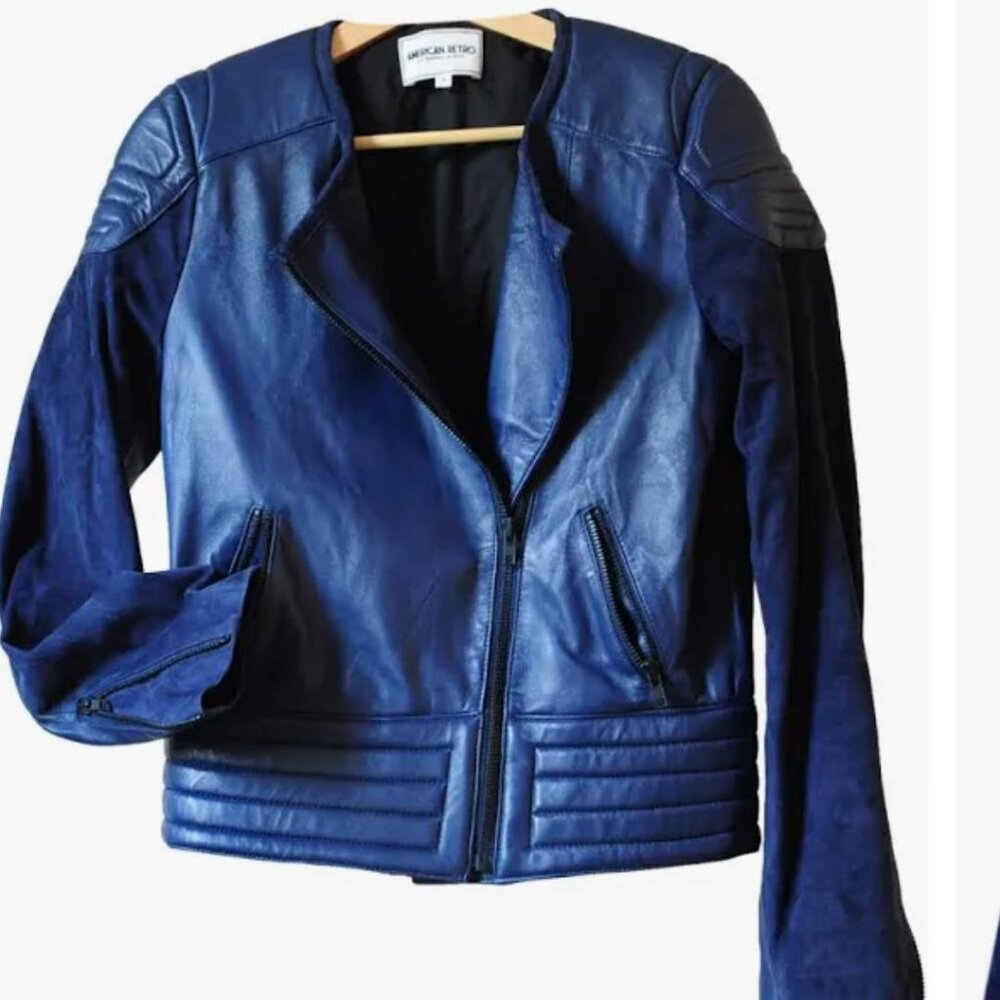 Blue leather biker jacket